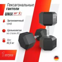 Гантель гексагональная UNIX Fit обрезиненная, 42.5 кг, прорезиненная спортивная гантеля с металлической ручкой, литая, неразборная, 1 шт, черный