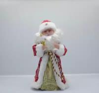 Дед Мороз с посохом в шубе. 30 см. Фигурка декоративная под ёлку с музыкой и функцией движения. Красный