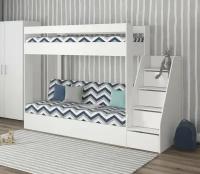 Кровать двухъярусная с диваном и лестницей-комодом Есэндвич Лаворо, 110x248 см (Белый/Принт Lokky Blue)