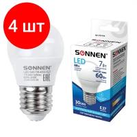 Комплект 4 шт, Лампа светодиодная SONNEN, 7 (60) Вт, цоколь E27, шар, холодный белый свет, 30000 ч, LED G45-7W-4000-E27, 453704