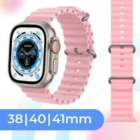 Силиконовый ремешок для смарт часов Apple Watch SE 38-40-41 mm / Cпортивный браслет для умных часов Эпл Вотч 1-9, СЕ (Ocean Band), Розовый