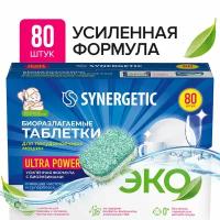 Биоразлагаемые бесфосфатные таблетки для посудомоечных машин SYNERGETIC ULTRA POWER в водорастворимой пленке, 80 шт