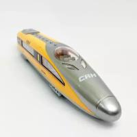 Машинка игрушка электровоз, инерционный, 1:87 поезд локомотив, 28 см., со светом и звуком, жёлтый