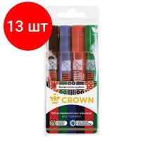 Комплект 13 шт, Набор перманентных маркеров Crown "Multi Marker" 04цв, пулевидный, 3.0мм, чехол с европодвесом