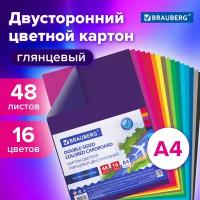 Цветной картон А4 для школы 2-сторонний Мелованный Extra 48 листов 16 цветов, Brauberg, 200х290 115164