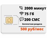 Сим-карта "Супер тариф" 2000мин/75гб, безлимит внутри сети, бесплатная раздача