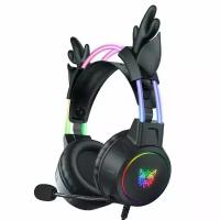 Игровые наушники ONIKUMA X15 pro Pink Star черные с оленьими ушками и подсветкой