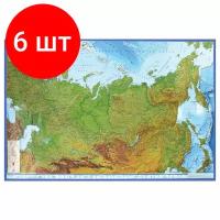 Комплект 6 шт, Карта России физическая 116х80 см, 1:7.5М, с ламинацией, интерактивная, европодвес, BRAUBERG, 112393