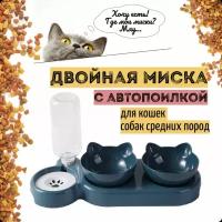 Двойная миска для кошек и собак, с автопоилкой, на подставке, для кормления, кормушка и поилка, для животных, пластиковая