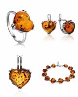 Комплект бижутерии AmberHandmade: кольцо, серьги, подвеска, браслет, янтарь