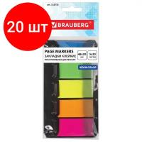 Комплект 20 шт, Закладки клейкие BRAUBERG неоновые пластиковые, 48х20 мм, 5 цветов х 20 листов, в диспенсере, 122733