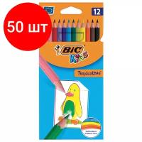 Комплект 50 шт, Карандаши цветные BIC "Tropicolors", 12 цветов, пластиковые, заточенные, европодвес, 8325666