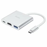 Переходник/Адаптер HOCO HB14 Easy 3 в 1 Type-C (m) - USB3.0 (f) + Type-C (f) + HDMI (f), серебристый