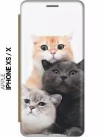 Чехол-книжка на Apple iPhone Xs / X / Эпл Айфон Икс / Икс Эс с рисунком "Котики" золотистый