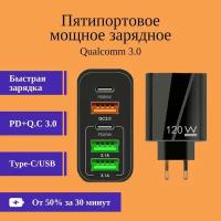 Пятипортовая быстрая зарядка 120W(черная). Сетевое зарядное устройство QUALCOMM 3.0(55АС) 2023 Новинка. PD+QC3.0. С тремя выходами USB и двумя Type C. Без кабеля