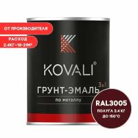 Грунт-эмаль 3 в 1 KOVALI полуглянец Винно-красный RAL 3005 2,4кг краска по металлу, по ржавчине, быстросохнущая, краска Ковали