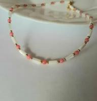 Ожерелье Колье Чокер на шею женское из натуральных камней перламутра и розового нефрита, бижутерия женская