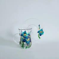 Стакан, бокал авторский. Армуду для чая и кофе с витражной росписью "Ирис", 180мл. синий
