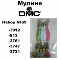 Нитки мулине DMC Embroidery для вышивания / Набор №69 / цвета 3012, 913, 3761, 3747, 3731