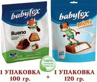 Конфеты микс BabyFox (Бэби Фокс) mini с молочной начинкой/вафельные Bueno 1 уп. * 120 гр. + 1 уп. * 100 гр