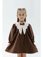 Платье для девочек Mokko Kids, размер 92, миди, коричневый цвет, хлопок, пуговицы. белый воротник