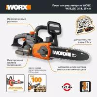 Пила цепная аккумуляторная WORX WG322E.1, 20В, 25 см, 2Ач х1 и ЗУ