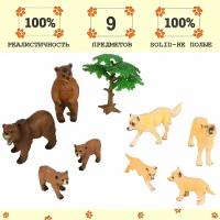 Набор фигурок животных серии "Мир диких животных": Семья бурых медведей и семья полярных волков (набор из 9 предметов)