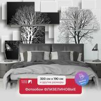 Фотообои на стену первое ателье "Черное и белое деревья на фоне из черно-белых прямоугольников" 300х190 см (ШхВ), флизелиновые Premium