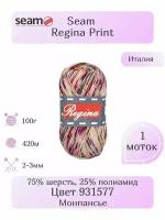 Пряжа Seam Regina Print, 1 шт, Вес: 100г, Длина: 420м, Состав: 75% шерсть, 25% полиамид. Классическое кручение, Мультиколор, Секционного крашения