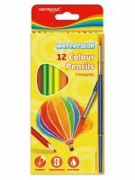 Акварельные цветные карандаши 12цв, трехгранные, с кисточкой