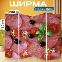 Ширма перегородка с принтом "Салями, пицца, колбаса" на холсте - 200x160 см. для зонирования, раскладная