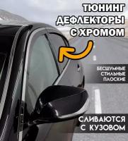 Плоские тюнинг дефлекторы с хромом для окон авто Jeep Grand Cherokee WK2 (2010-2022) Ветровики для Джип Гранд Чероки 4 поколение / 2d дефлекторы. Комплект 6 шт