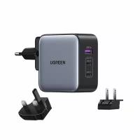 Зарядное устройство для путешествий UGREEN CD296 (90409) USB-A+2*USB-C GaN 65W Travel Fast Charger (3-Port) со сменными вилками. Цвет: серый космос