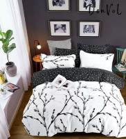 Комплект постельного белья Denvol 2-х спальный-Сатин пододеяльник 180х220 на молнии, простыня на резинке 160х200(+25), 2 наволочки 70х70, белый, черный