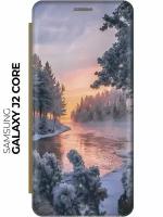 Чехол-книжка Река в заснеженном лесу на Samsung Galaxy J2 Core / Самсунг Джей 2 Кор золотой