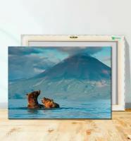 Картина на холсте для интерьера Курильское озеро Камчатка, вулкан, Дальний Восток природа 20х30