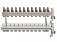 Коллектор для теплого пола латунный TIM KC012 на 12 выходов с расходомерами 1" - 3/4" евроконус (в комплекте: воздухоотводчики + сливные краны)