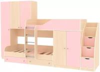 Двухъярусная кровать Лео с лестницей комодом Дуб Молочный Розовый