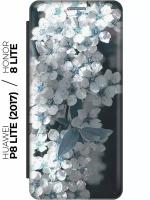 Чехол-книжка Бело-голубые цветочки на Honor 8 Lite / Huawei P8 Lite (2017) / Хонор 8 Лайт / Хуавей Р8 Лайт 2017 черный