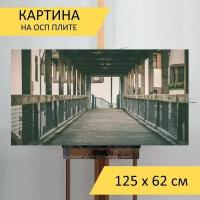 Картина на ОСП 125х62 см. "Пешеходный мост, покрытый, деревянная конструкция" горизонтальная, для интерьера, с креплениями