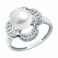 Кольцо Diamant, серебро, 925 проба, родирование, фианит, жемчуг пресноводный культивированный, размер 18, серебро