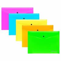 Папка-конверт на кнопке Berlingo Neon А4, 200мкм, ассорти неоновых цветов, 5 шт