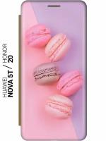 Чехол-книжка на Honor 20, Huawei Nova 5T, Хонор 20, Хуавей Нова 5Т c принтом "Розовые макаруны" золотистый