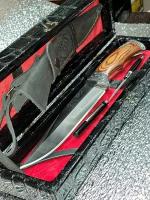 Нож туристический разделочный, охотничий Волк 8 в чехле ножнах и подарочный черный кожаный футляр, ручка нож в подарок