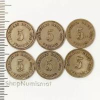 5 пфеннигов 1912 A / 1897 A / 1898 G / 1915 G / 1903 F / 1906 D, Германия, 6 монет VF