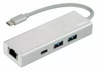 Концентратор HAMA 00135757, USB Type-C -> RJ-45 / USB-A x 2 шт / USB Type-C, серебристый