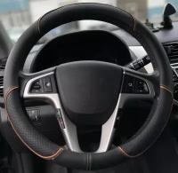 Оплетка на руль Опель Астра (2012 - 2018) хэтчбек 5 дверей / Opel Astra, Искусственная кожа (высокого качества), Черный с коричневой строчкой