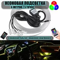 Контурная подсветка салона автомобиля RGB 777 светодиодная/ пульт ду, приложение, 5 диодов, 6 метров