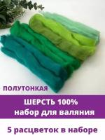 Шерсть для валяния, Зеленый микс, полутонкая шерсть 100 %, набор 5 цветов, 50 г