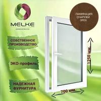 Окно 1250 х 700 мм, Melke 60 (Фурнитура FUTURUSS), правое одностворчатое, поворотно-откидное, цвет внешней ламинации Орех, 2-х камерный стеклопакет, 3 стекла